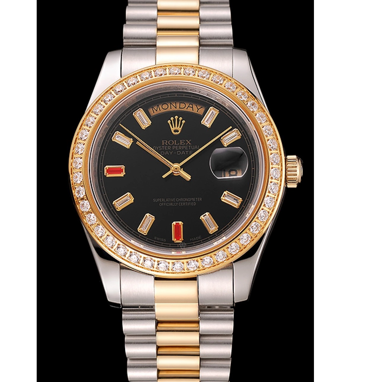 Aaa replica watch Rubies Tone Rolex Two Black Swiss And Dial Diamonds Day-Date Bracelet 1454105 0716